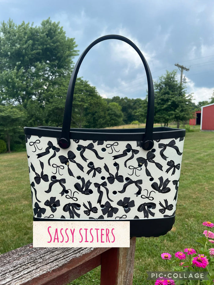 In stock - black bow beach tote