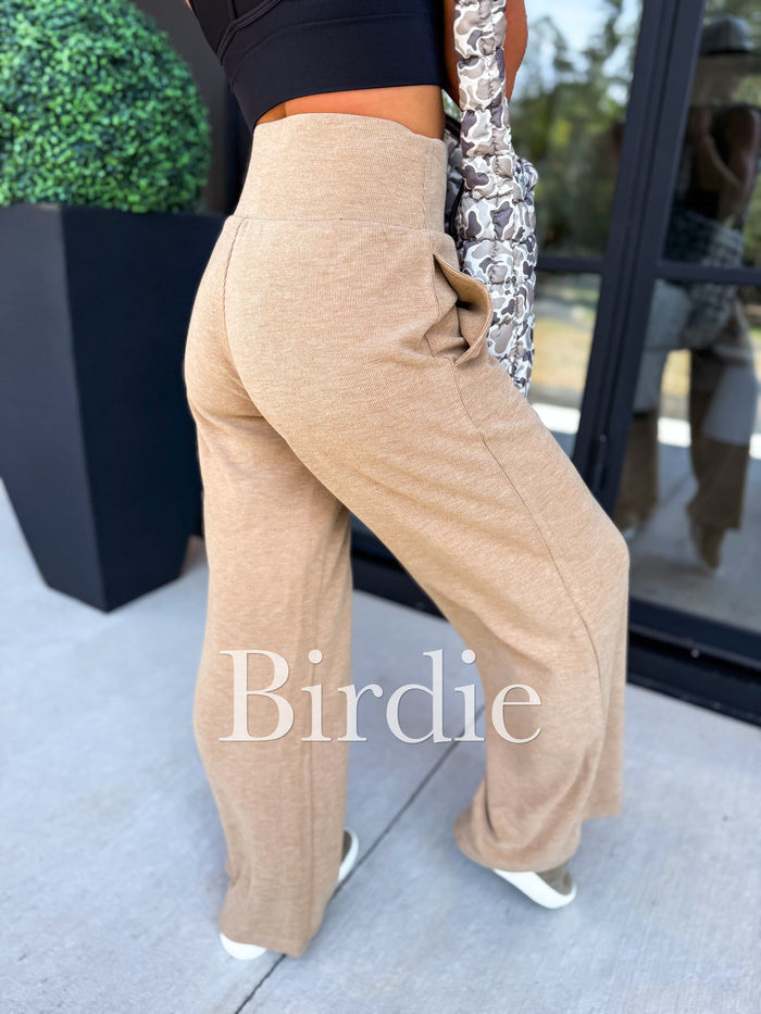 Ribbed Wide Leg Pants with Tummy Control in Tan